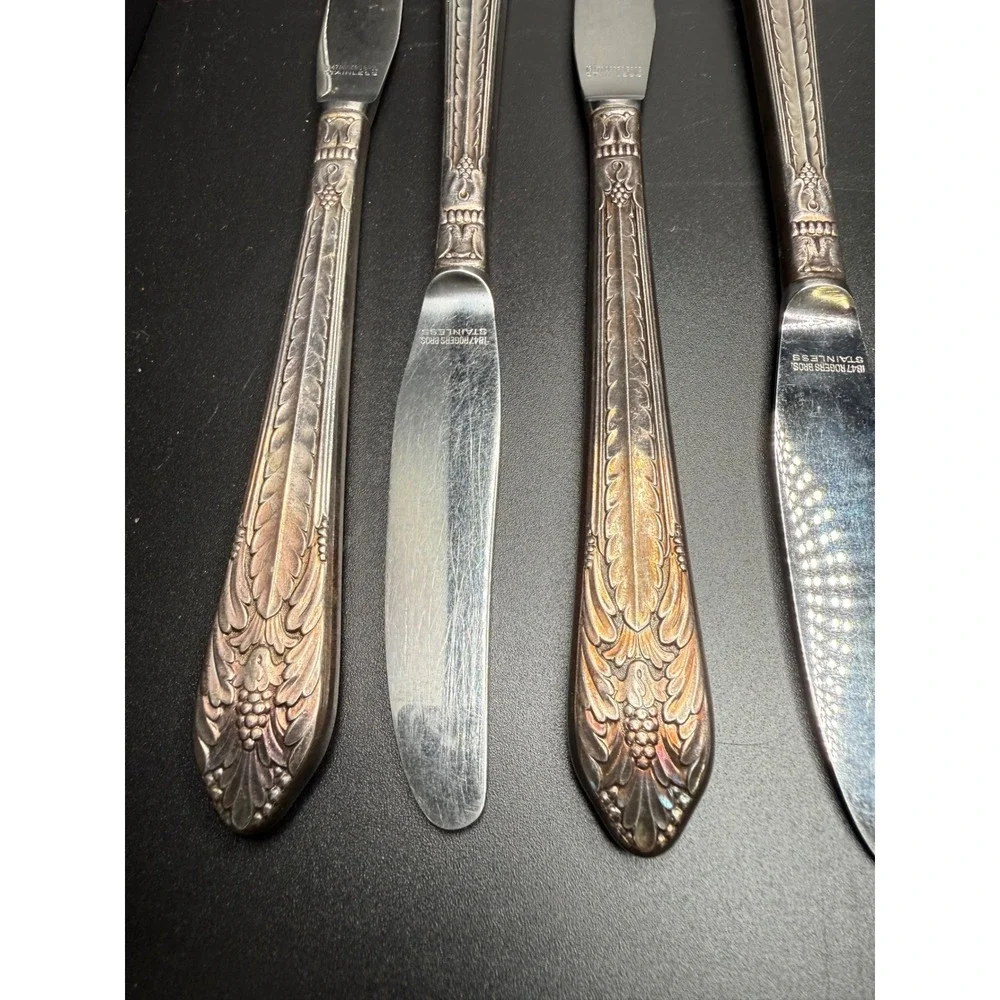 1847 Rogers Bros Stainless Butter Knives Set Ornate Grape‎ Leaf Handle Set Of 8